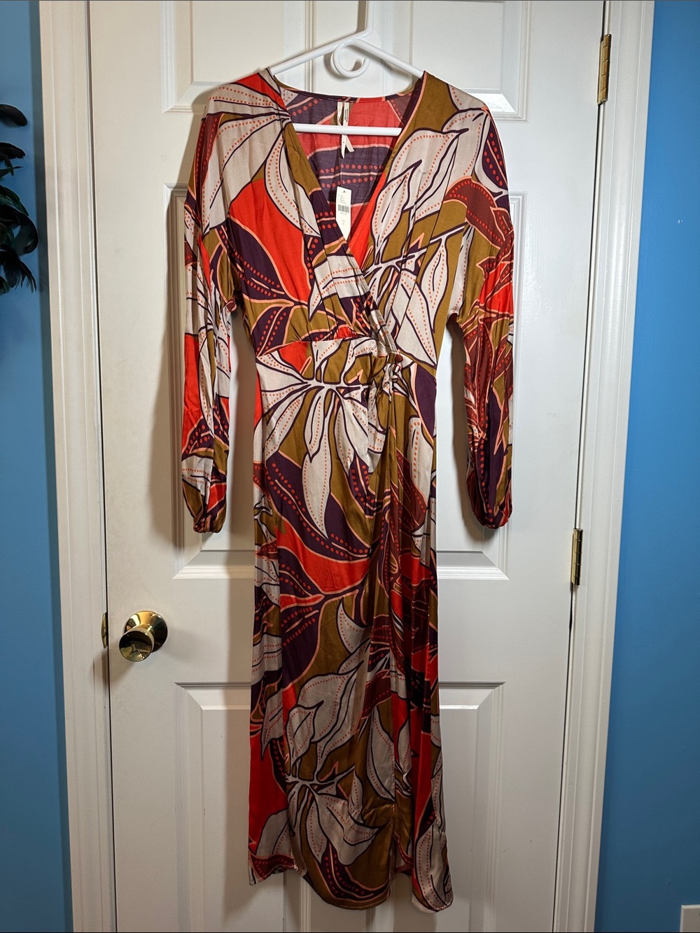 NWTS Anthropologie Wrap Maxi Dress in Orange, Tan, & Plum/Purple floral. Sz S